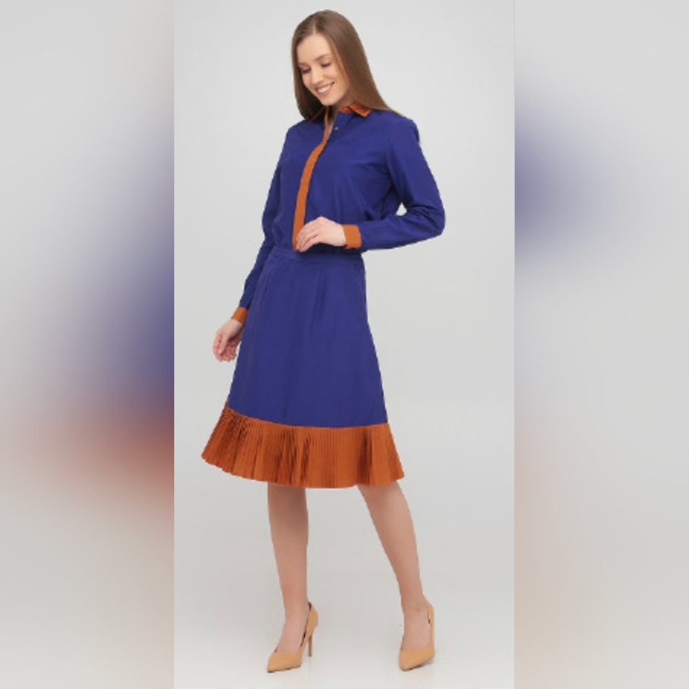 J Peternan 2-Piece Silk Blend Pleated Skirt Set Color Block Blue And Rust Size 8